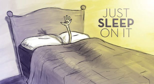 just-sleep-on-it-cartoon-guy-reachout-up-out-of-the-covers-on-a-bed